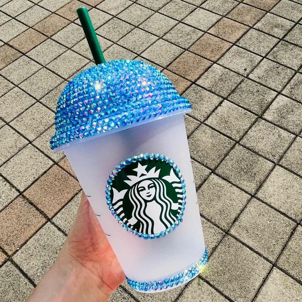 NWOT Starbucks Iridescent Dark Blue Bling Rhinestone Tumbler with Green Straw